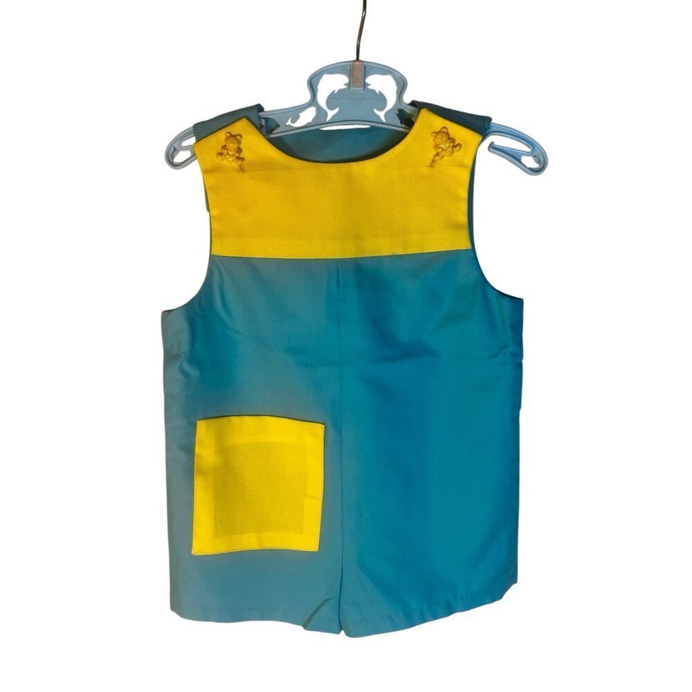 Vintage Teal & Yellow Colorblock Romper W/ Teddy Bear Button Accents Size 6-12M